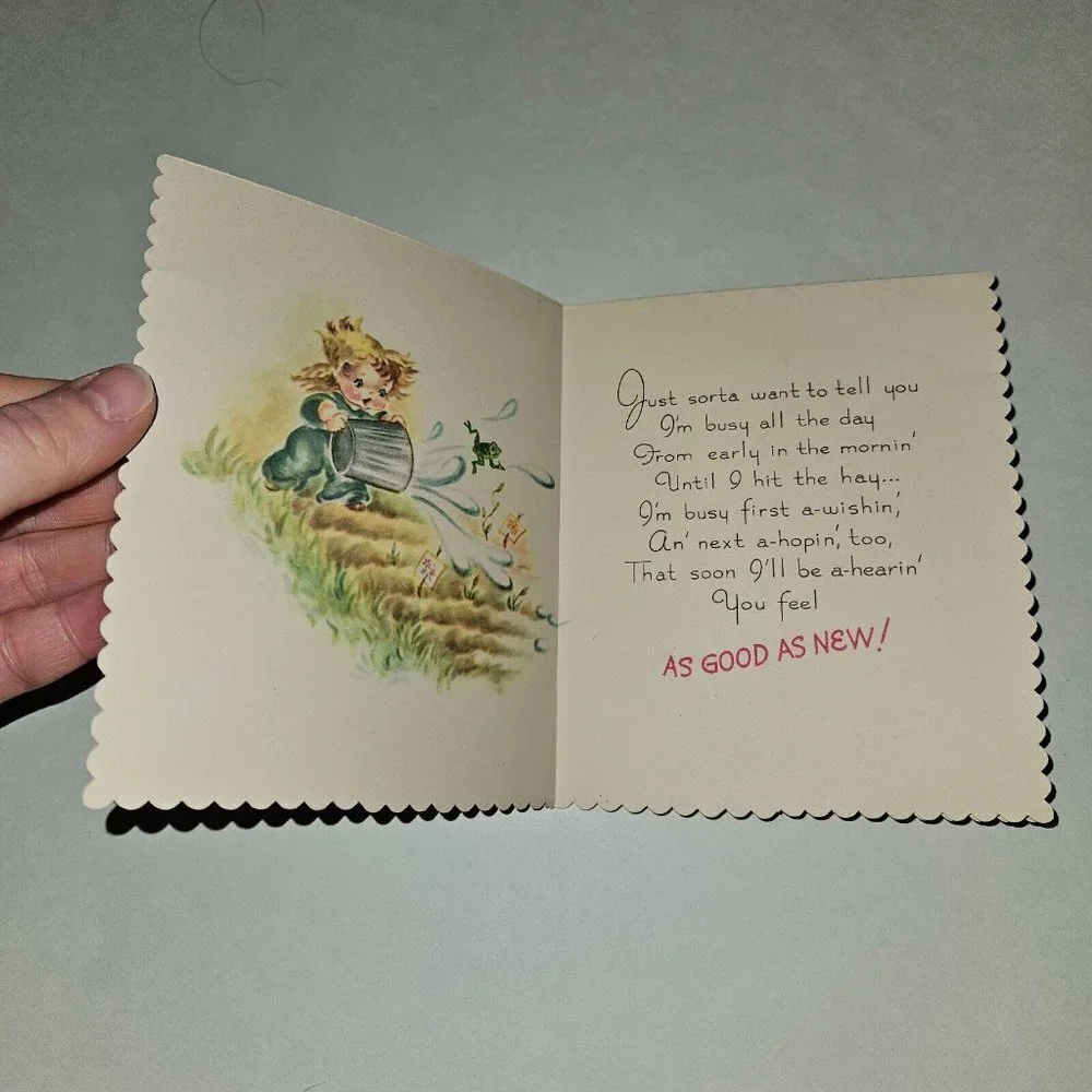 VTG Get Well Soon Greeting Card Boy Bird Water Scalloped Harry Doehla NEVER USED